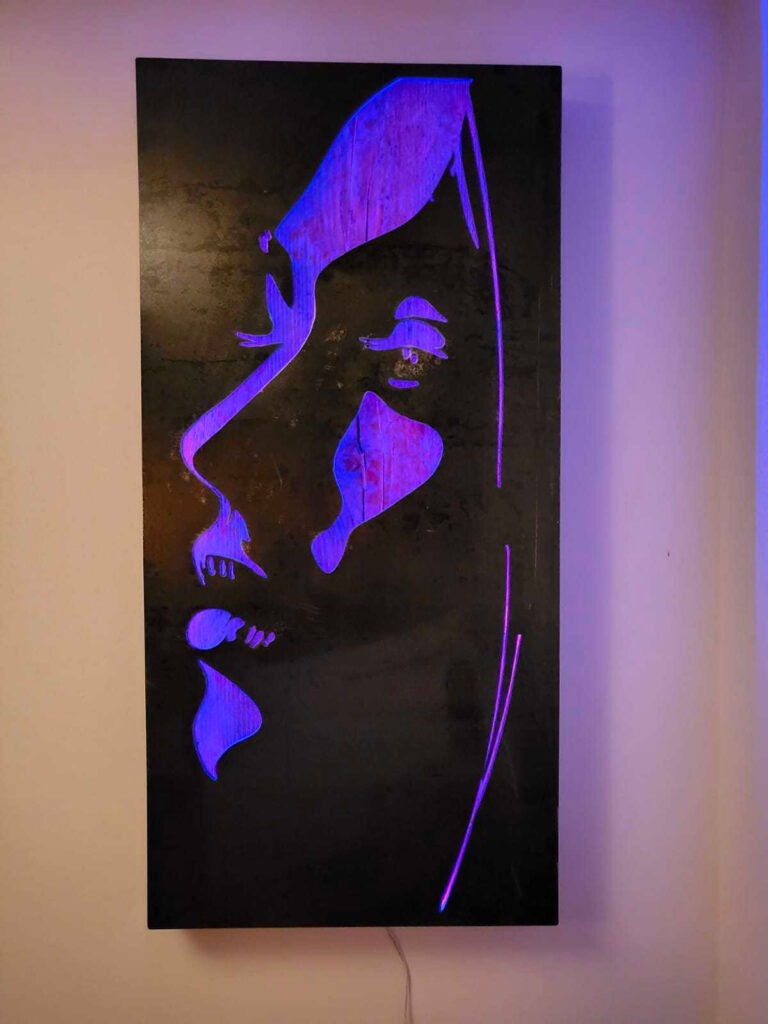 tableau bois métal visage femme ombre et lumière